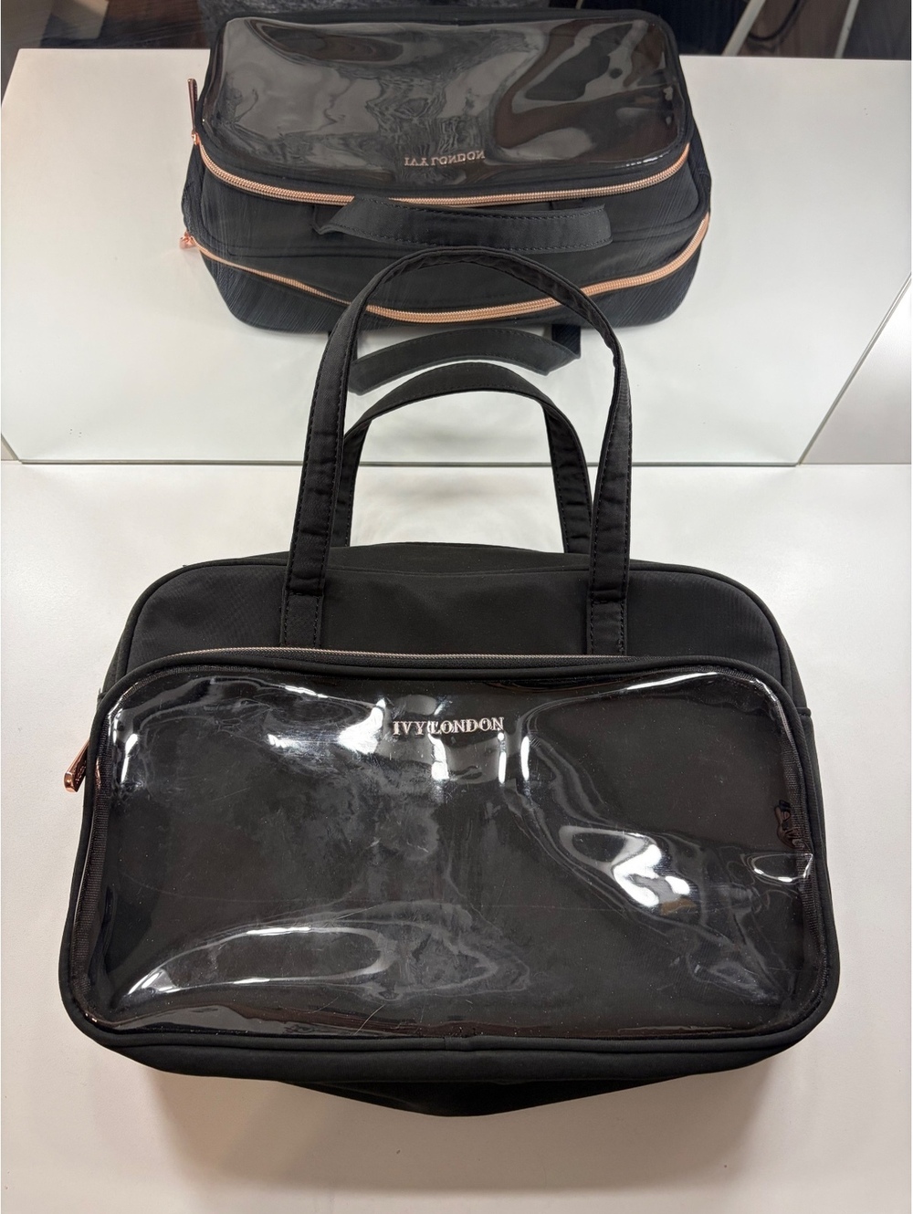 Ivy London Black Tote Bag with Clear Front Pocket and Rose Gold Zipper